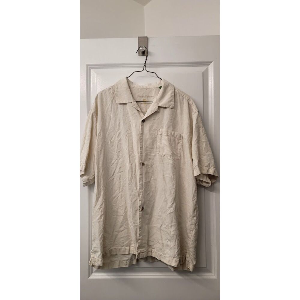 Tommy Bahama 100% Silk Cream White Button Front Short Sleeve Summer Shirt Mens L - Picture 1 of 7